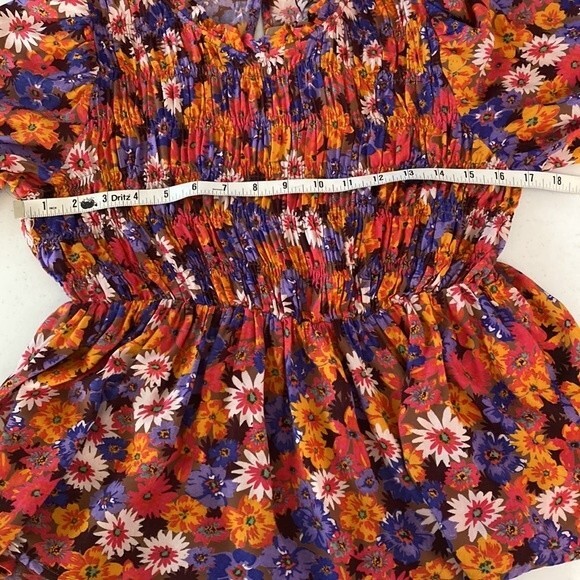 Vero Moda Multicolor Floral Peplum Smocked Top Ruffle Tie Sleeve Keyhole Back - Picture 13 of 15